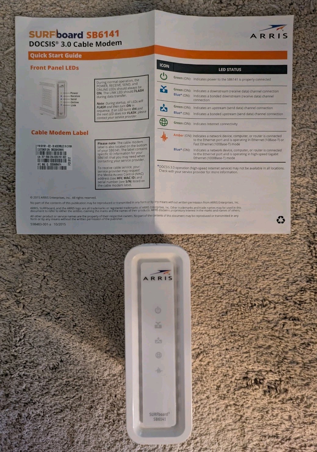 Arris Surfboard SB6141 DOCSIS 3.0 Cable Modem Tested Working