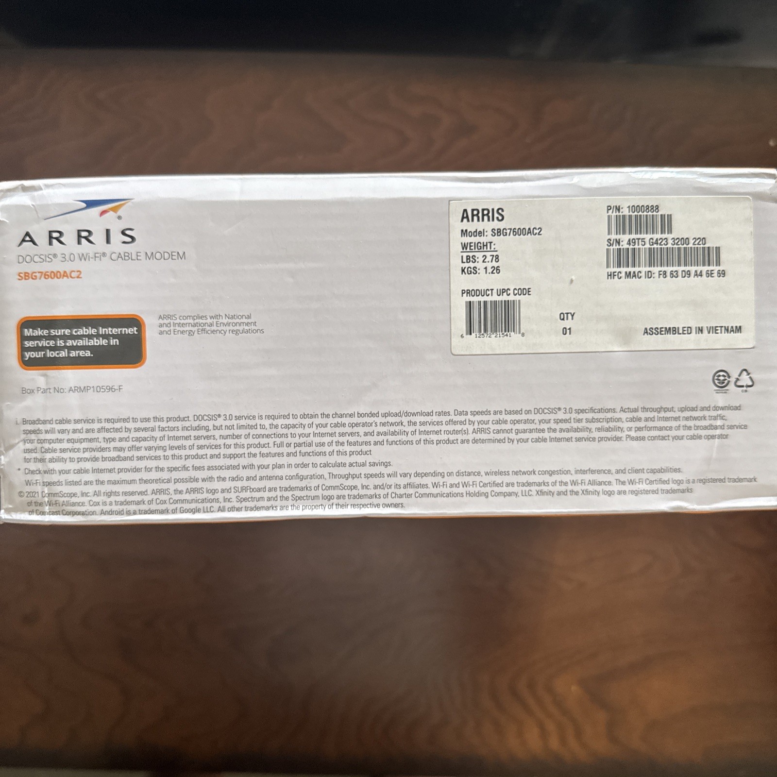 ARRIS SURFboard SBG7600AC2 Wi Fi Cable Modem Router High Speed Internet Conne…