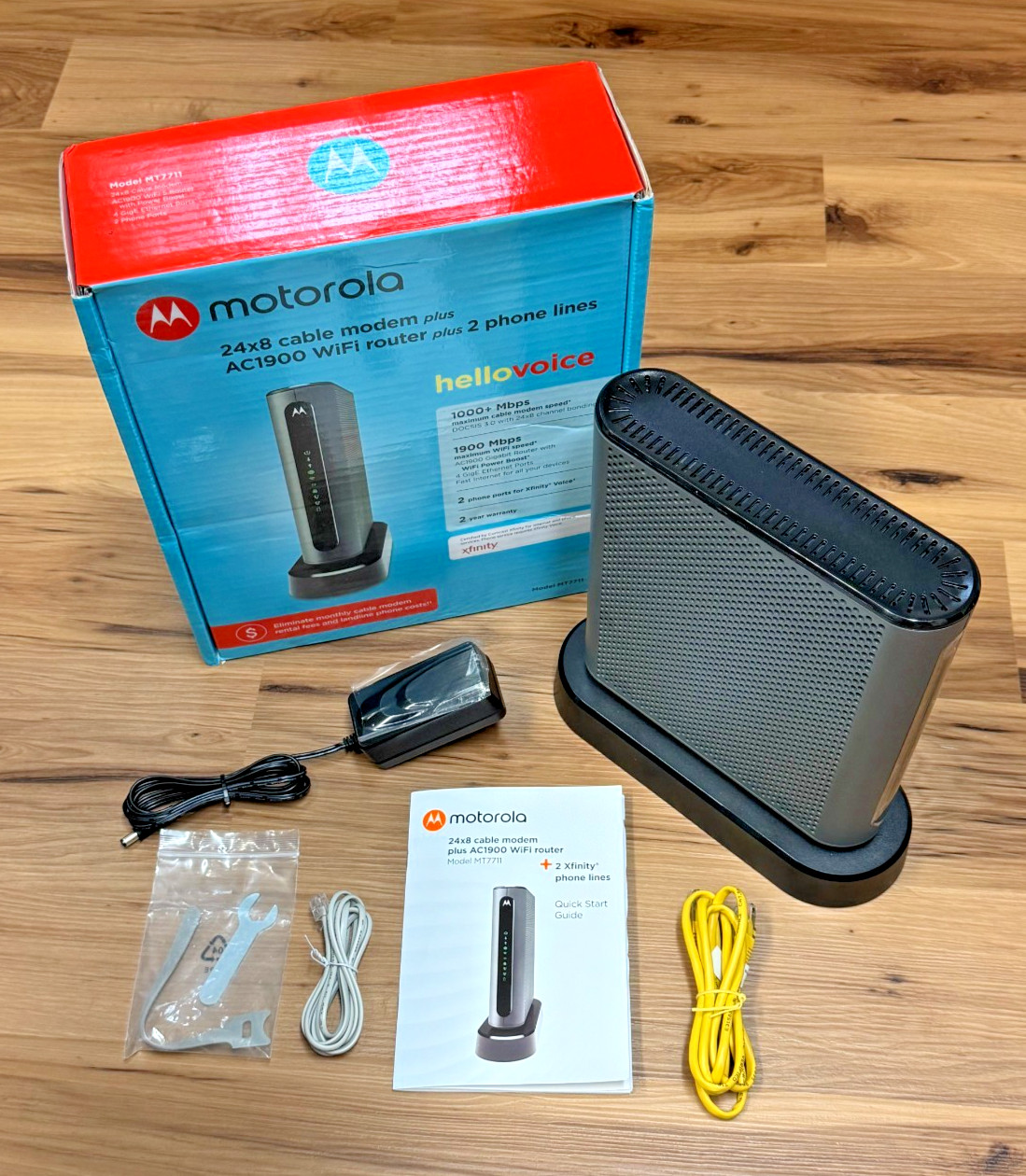 Motorola 24×8 MT7711 Cable Modem and AC1900 Dual Band Wi-Fi Router 2 Phone Lines