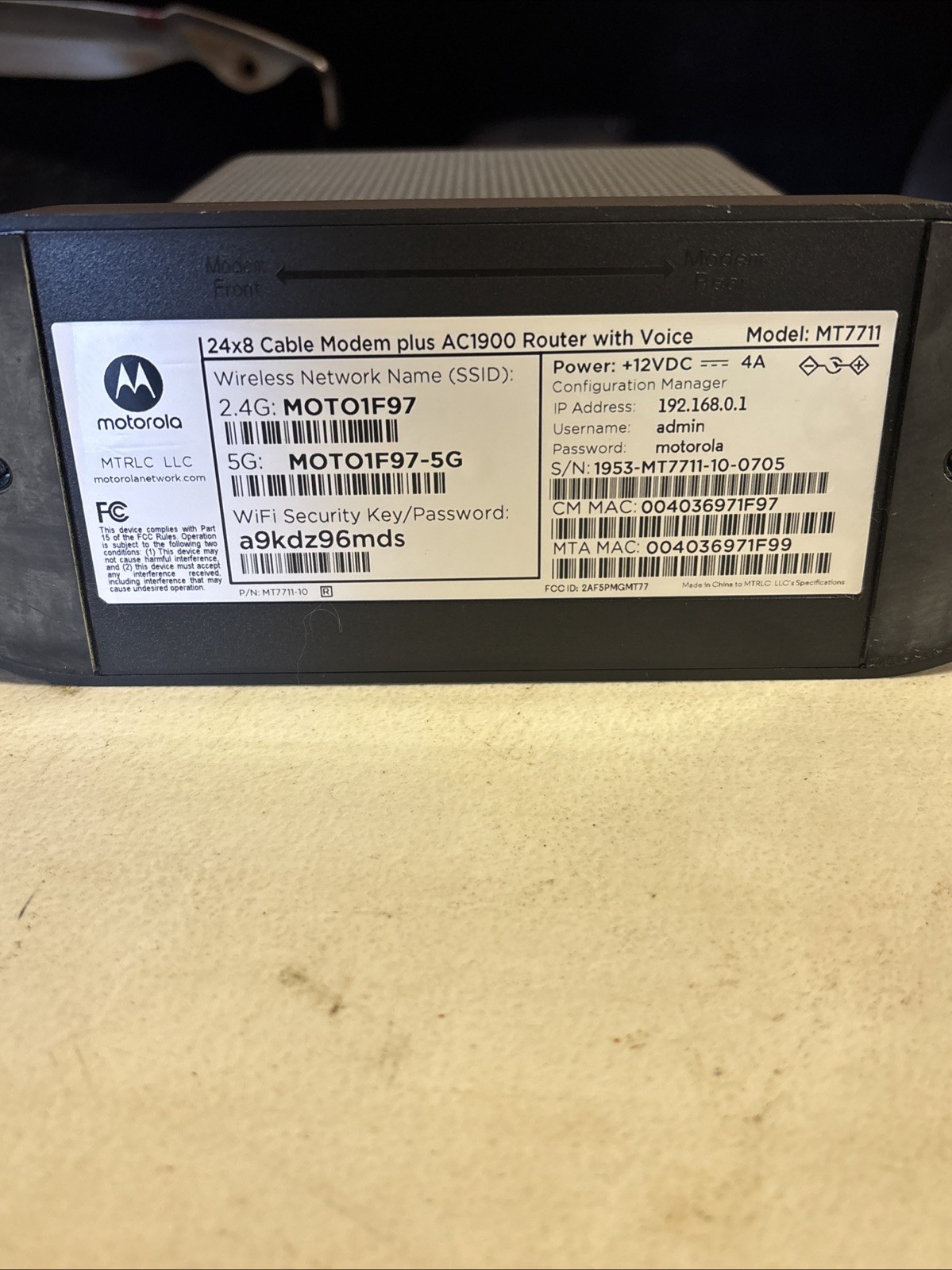 Motorola MT7711 24X8 Cable Modem Dual Wi-Fi Gigabit Router w/ Voice Refurbished