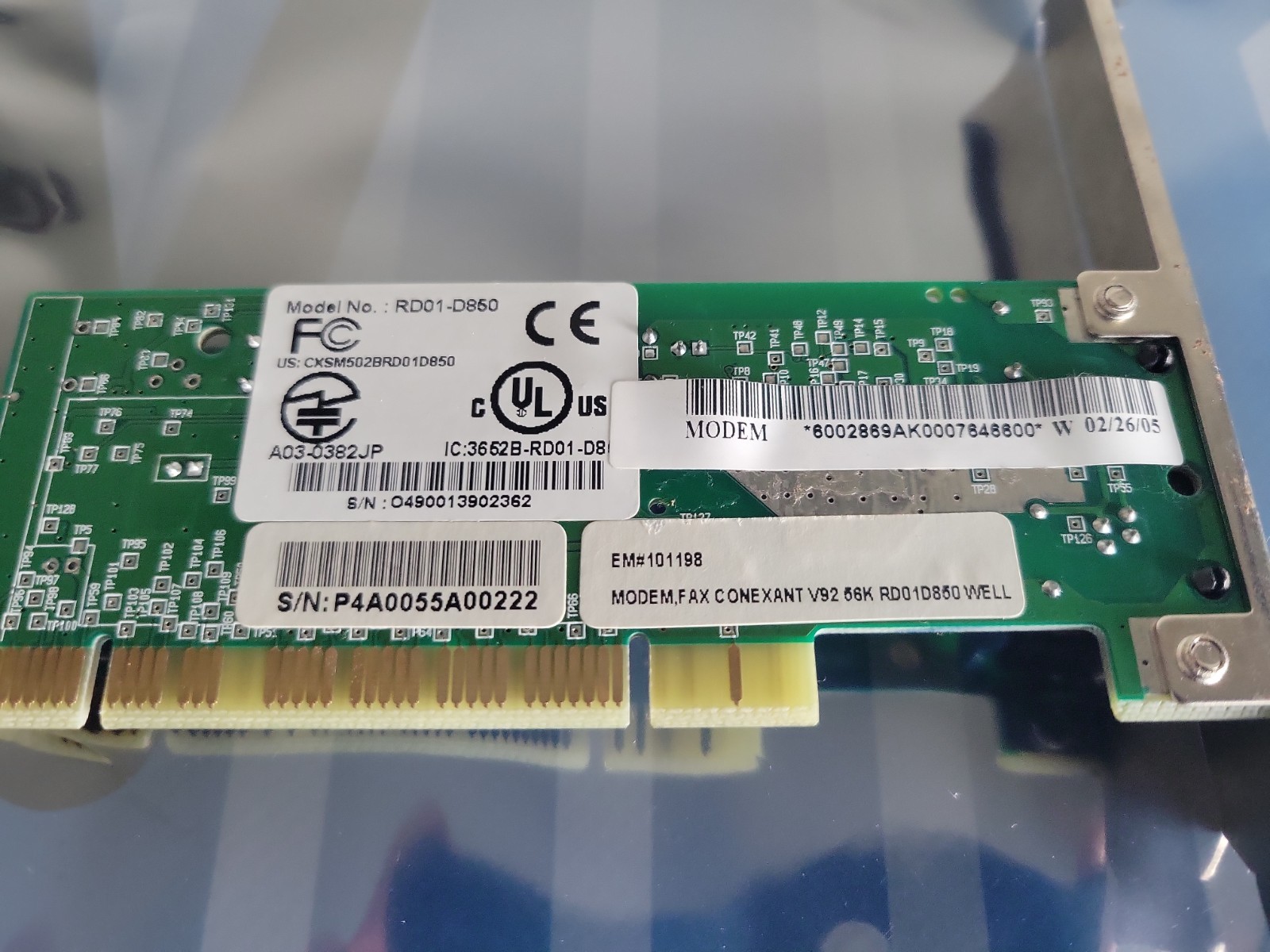 Vntg 2005 Conexant RD01-D850 PCI v92 56K Modem Fax RJ11 Phone Full Profile Card