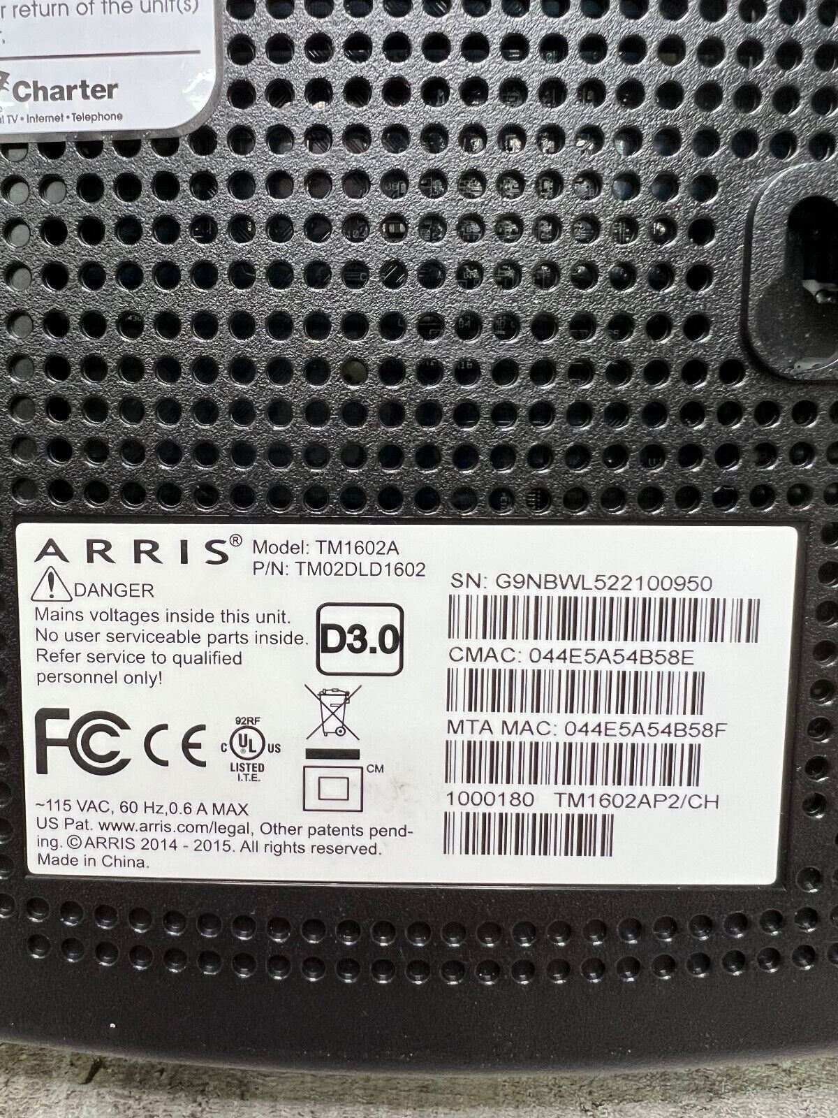 ARRIS Touchstone TM1602A DOCSIS 3.0 Cable Telephony Modem, Charter