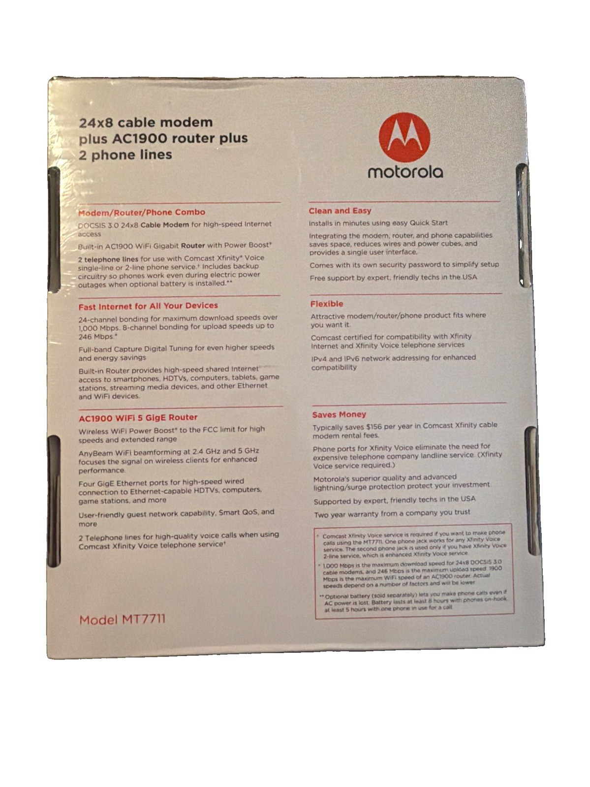 SEALED Motorola MT7711 24X8 Cable Modem & AC1900 Dual Band Wi-Fi Gigabit Router