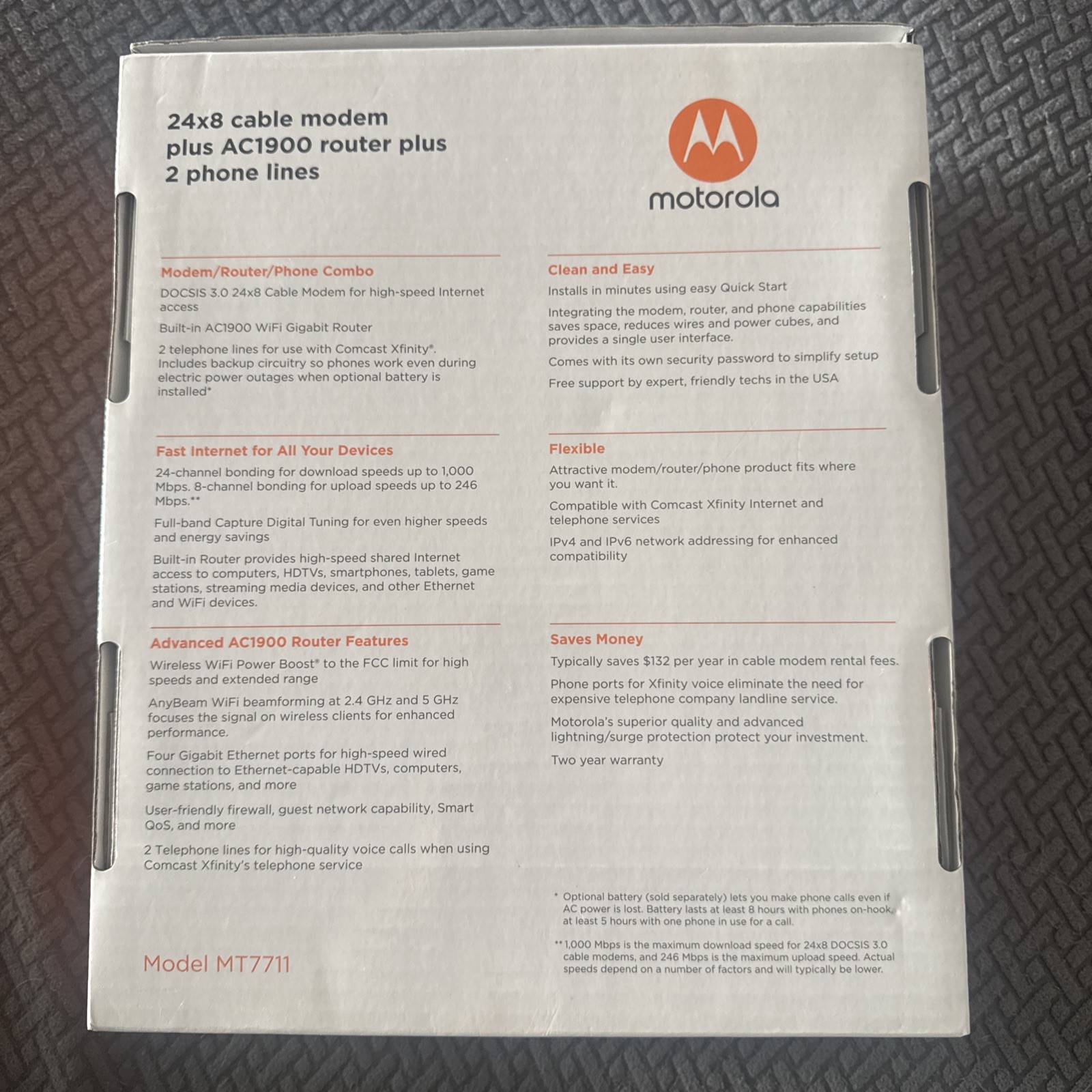 MOTOROLA MT7711 24X8 Cable Modem/Router 2 Phone Ports DOCSIS 3.0 Comcast XFINITY
