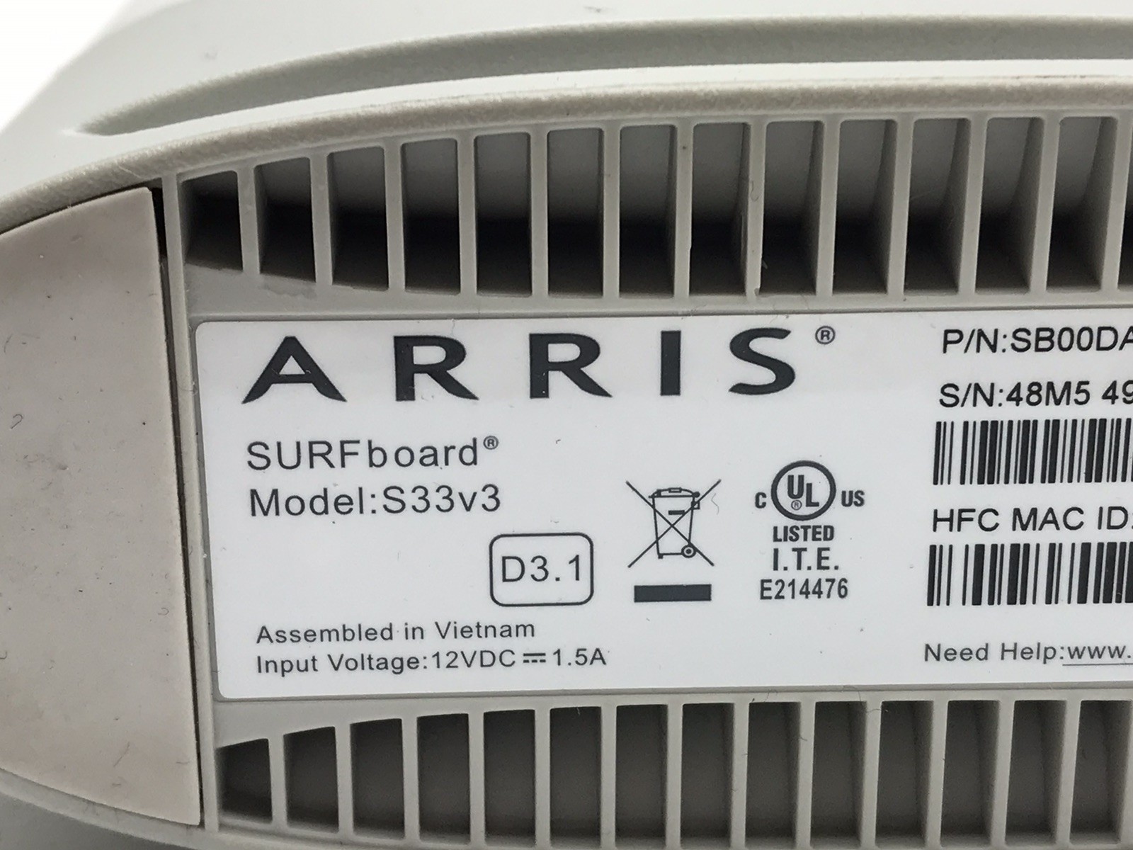 ARRIS SURFboard S33v3 DOCSIS D3.1 Cable Modem SB00DAD3S33V3 2-Port Gigabit