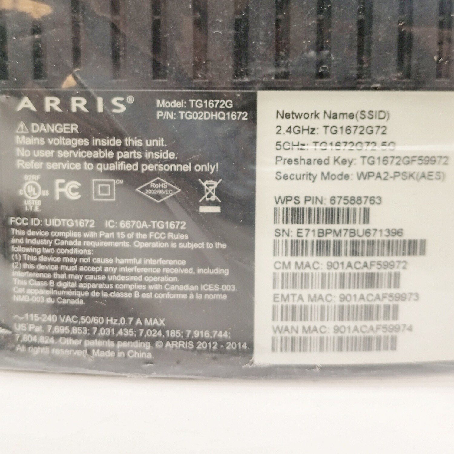 Arris TG1672G Gateway WIFI 2.5GHz – 5.0GHz 4 Port Modem