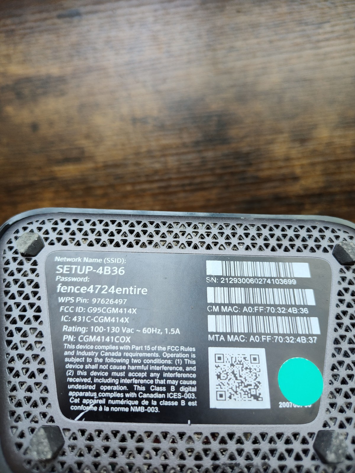 COX Panoramic Cable Modem WIFI Gateway Modem/Router CGM4141COX