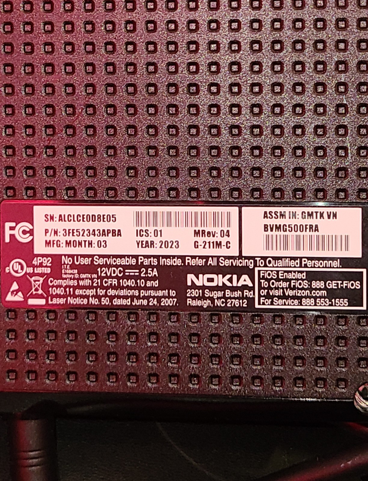Working Verizon FIOS Optical Network Terminal Nokia G-211M-C Cable & Fiber Modem