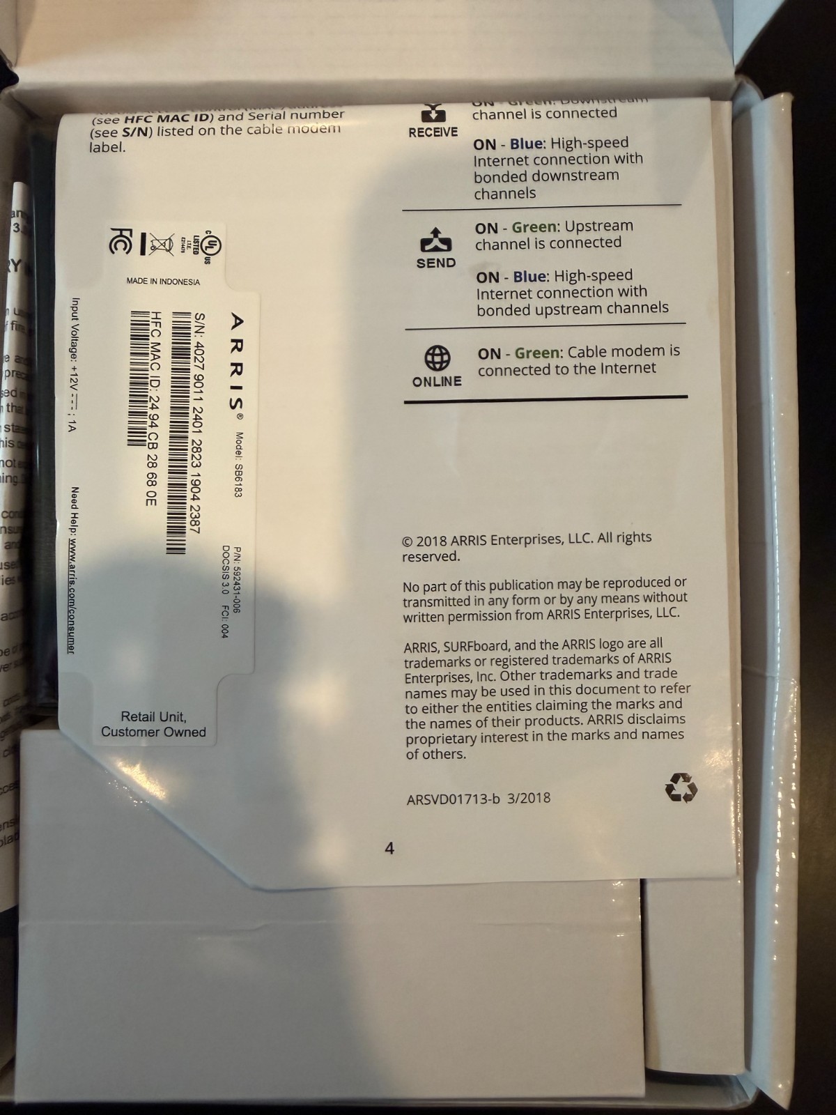 ARRIS SURFboard SB6183 DOCSIS 3.0 Cable Modem -BLACK – New – Openbox