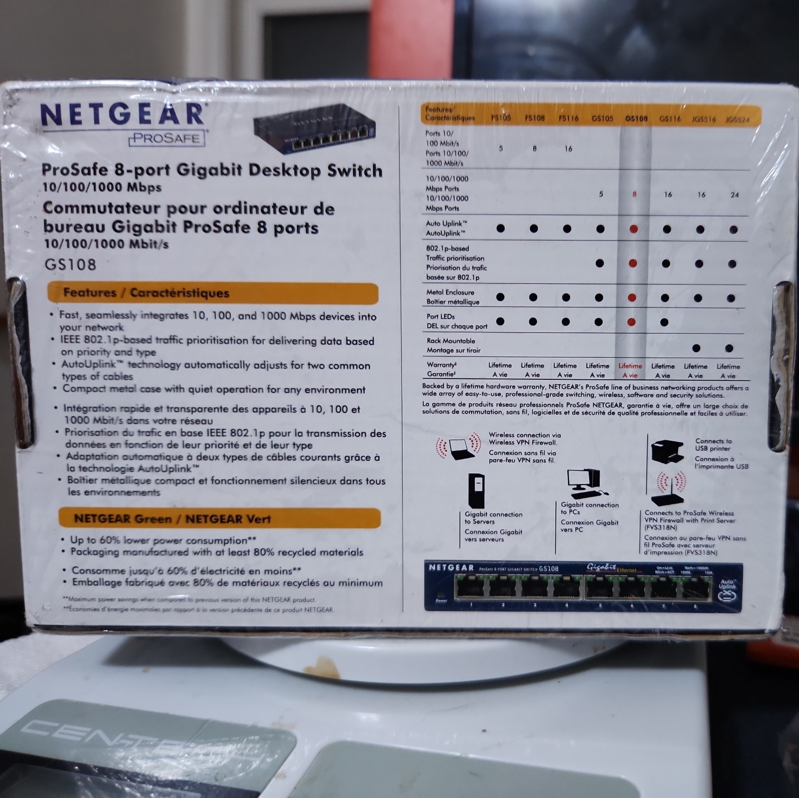 Netgear Prosafe 8 Port Gigabit Switch GS108 10/100/1000 Mbps New in Box