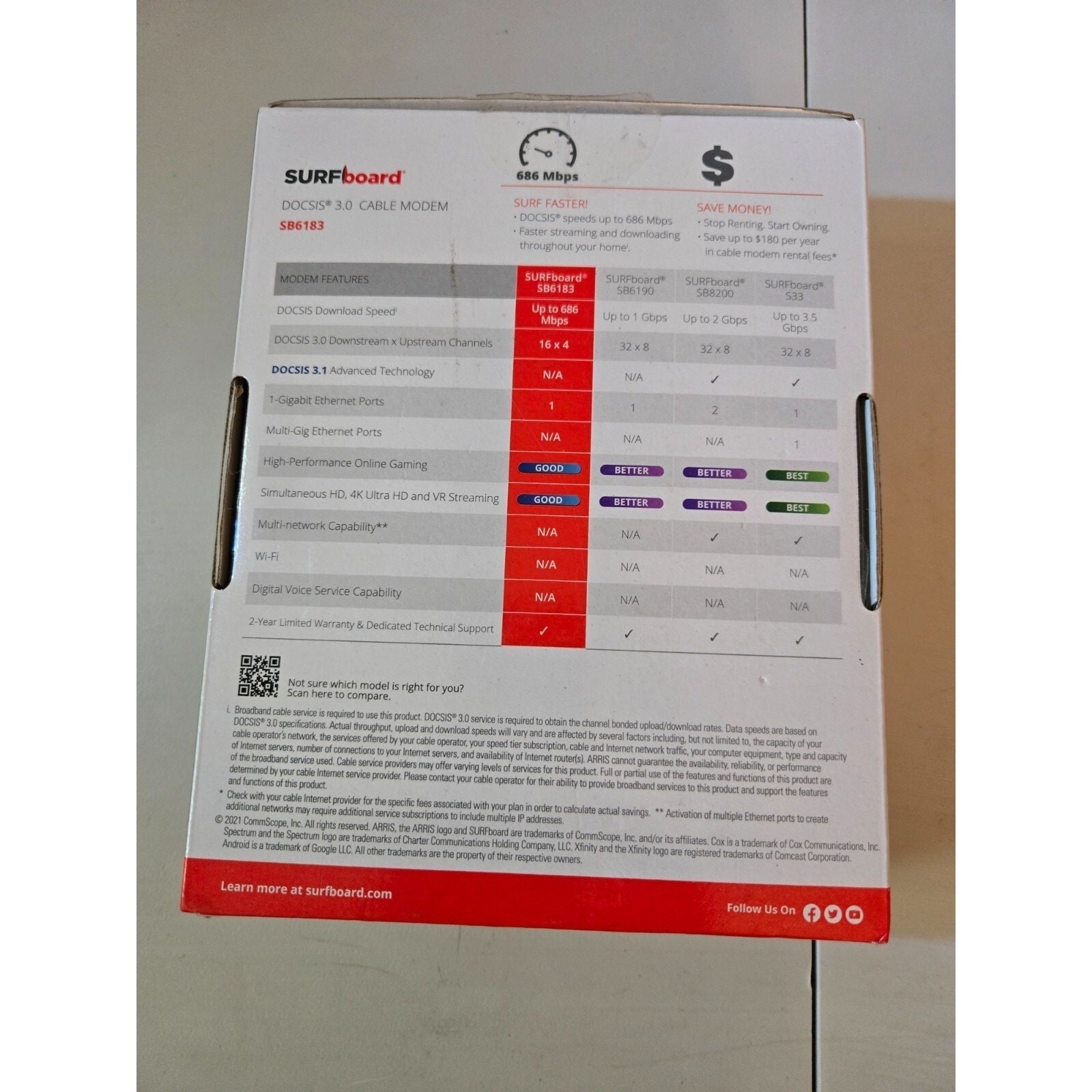 Arris Cable Modem Black SURFboard SB6183 DOCSIS 3.0 686 Mbps 16×4