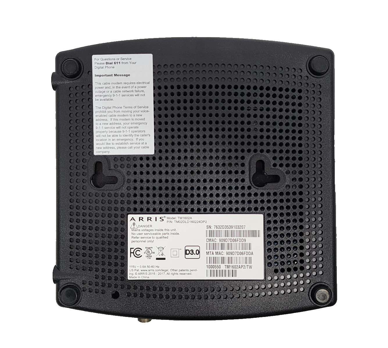 Arris TM1602A DOCSIS 3.0 Telephony Cable Modem + VoIP (Complete with Cables)