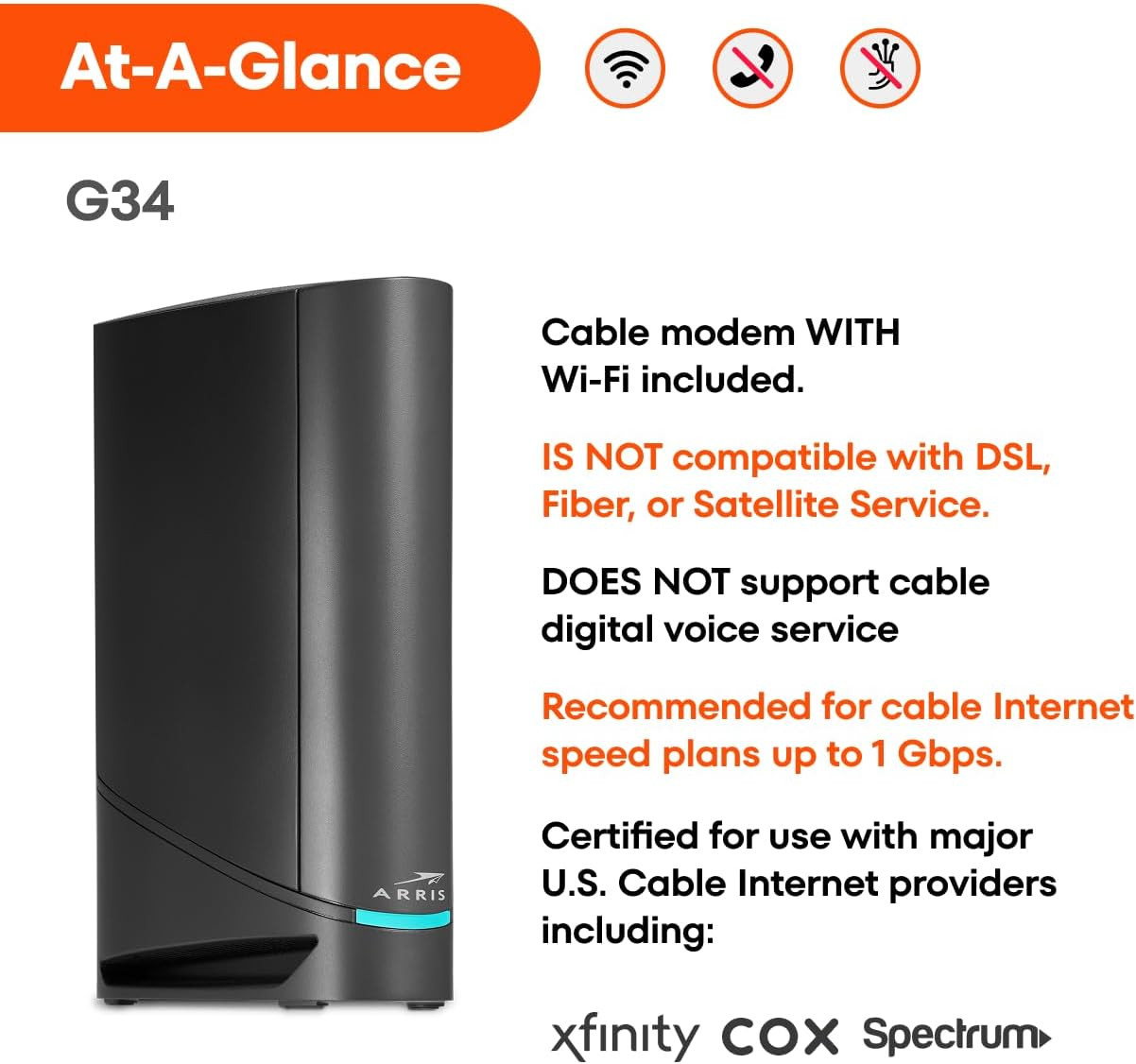 ARRIS CABLE MODEM ROUTER COMBO ~ G34 ~ Fast DOCSIS 3.1 Gigabit WiFi 6 – 1 Gbps