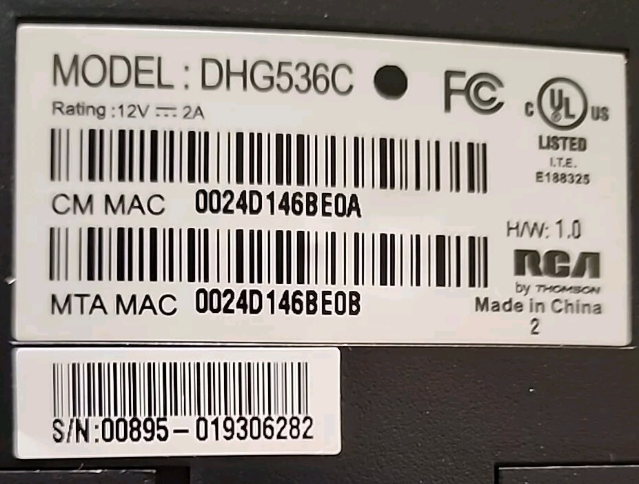 RCA Thomson Model DHG536C Digital Broadband Data and Voice Gateway Modem