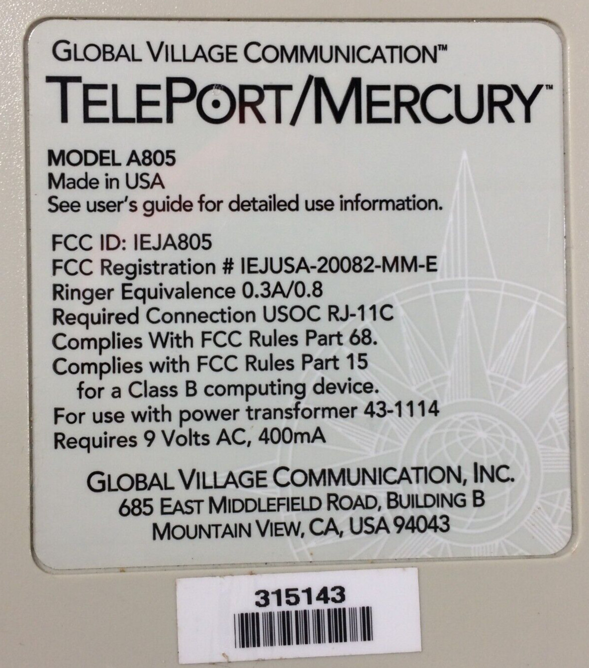 Global Village Teleport/Mercury A805 Modem For Apple Macintosh