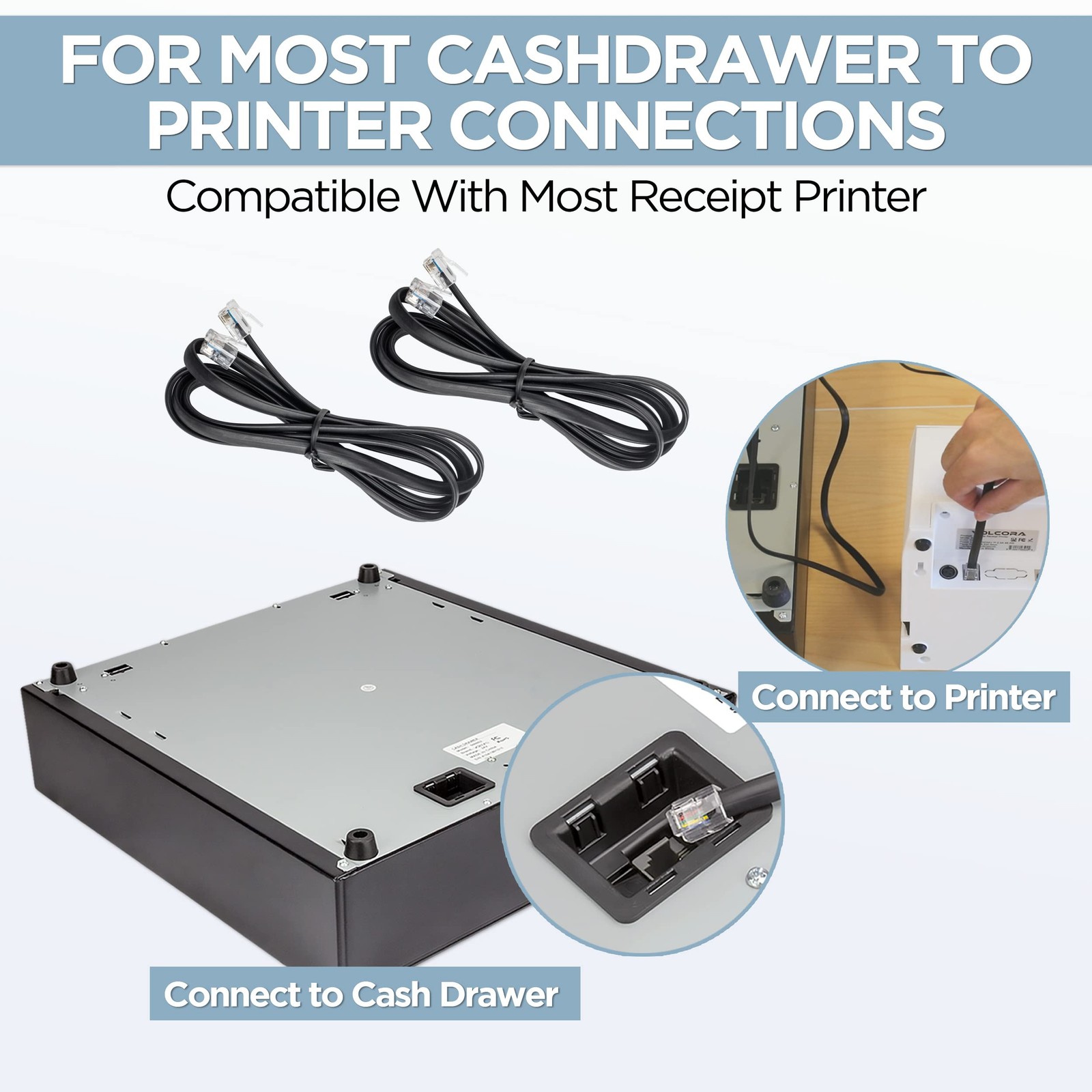 2 Pack 5 Feet RJ11 RJ12 Data Cable Heavy Duty Cash Register Drawer Kit