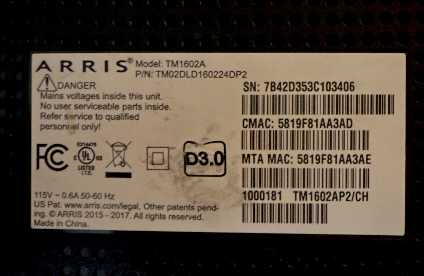 ARRIS TM1602A DOCSIS 3.0 Cable Modem Ethernet Coaxial w/ Power Cord