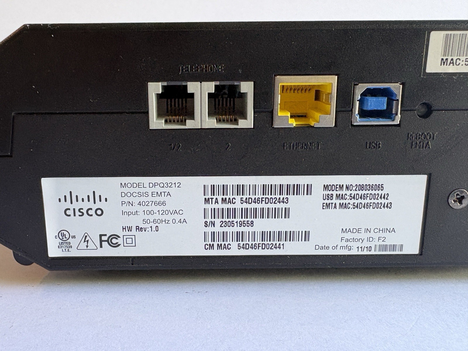 Cisco DPQ3212 DOCSIS 3.0 Cable Modem 300 Mbps USB Ethernet RJ-11 P/N 4027666