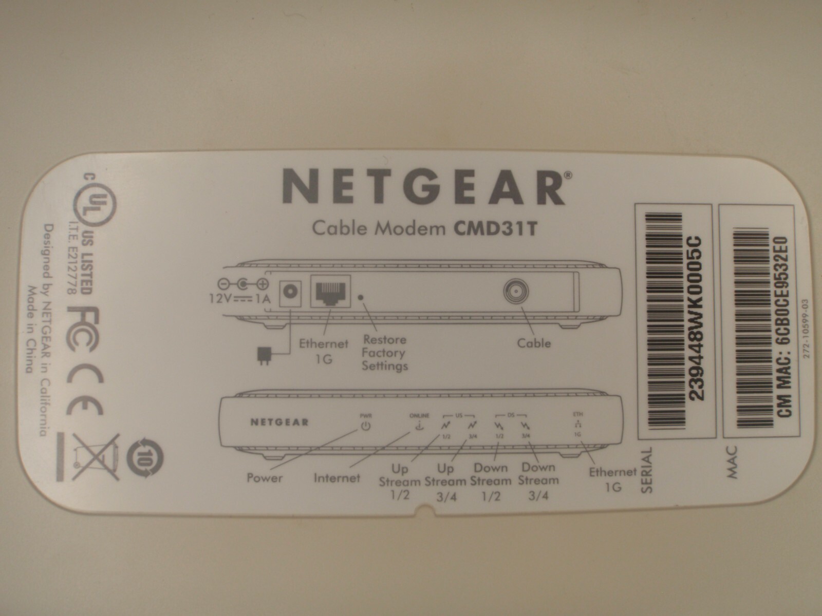 Used NETGEAR CMD31T (4×4) Cable Modem (CMD31T) DOCSIS 3.0 Cable Modem Comcast