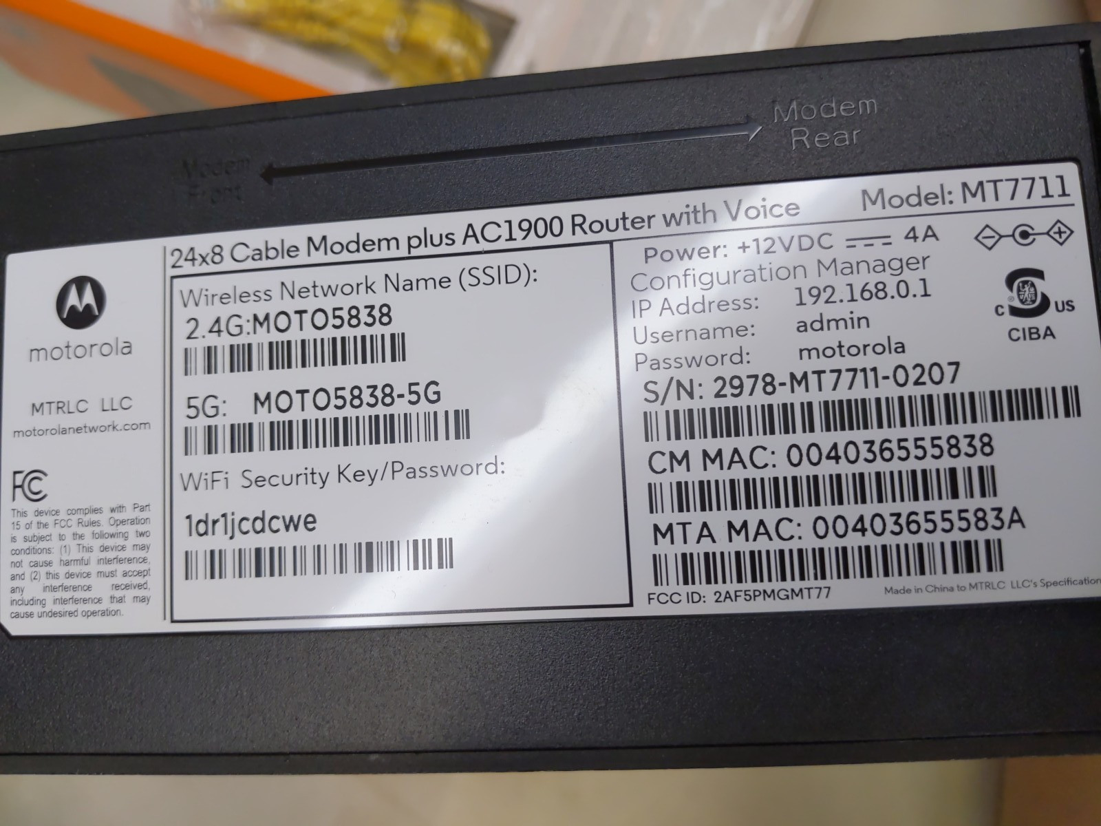 MOTOROLA MT7711 24X8 Cable Modem/Router 2 Phone Ports DOCSIS 3.0 Comcast XFINITY