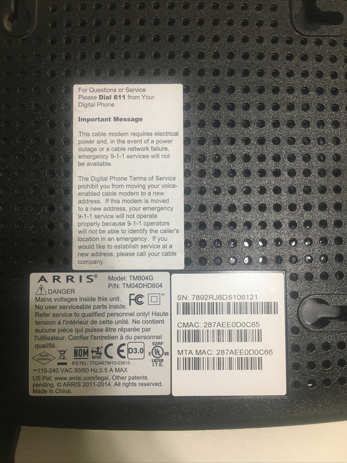 Arris Touchstone TM804G/TW Telephony Cable Modem Docsis 3.0