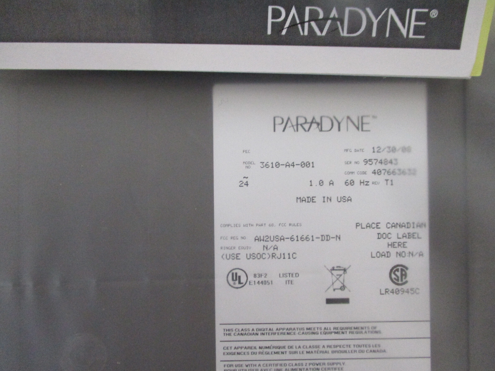 AT&T PARADYNE COMSPHERE 3610-A4-001 EXTERNAL MODEM With AC Adapter New
