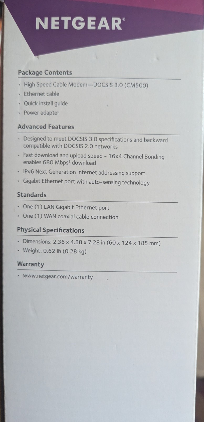 Netgear® CM500 16×4 DOCSIS 3.0 680Mbps High Speed Cable Modem
