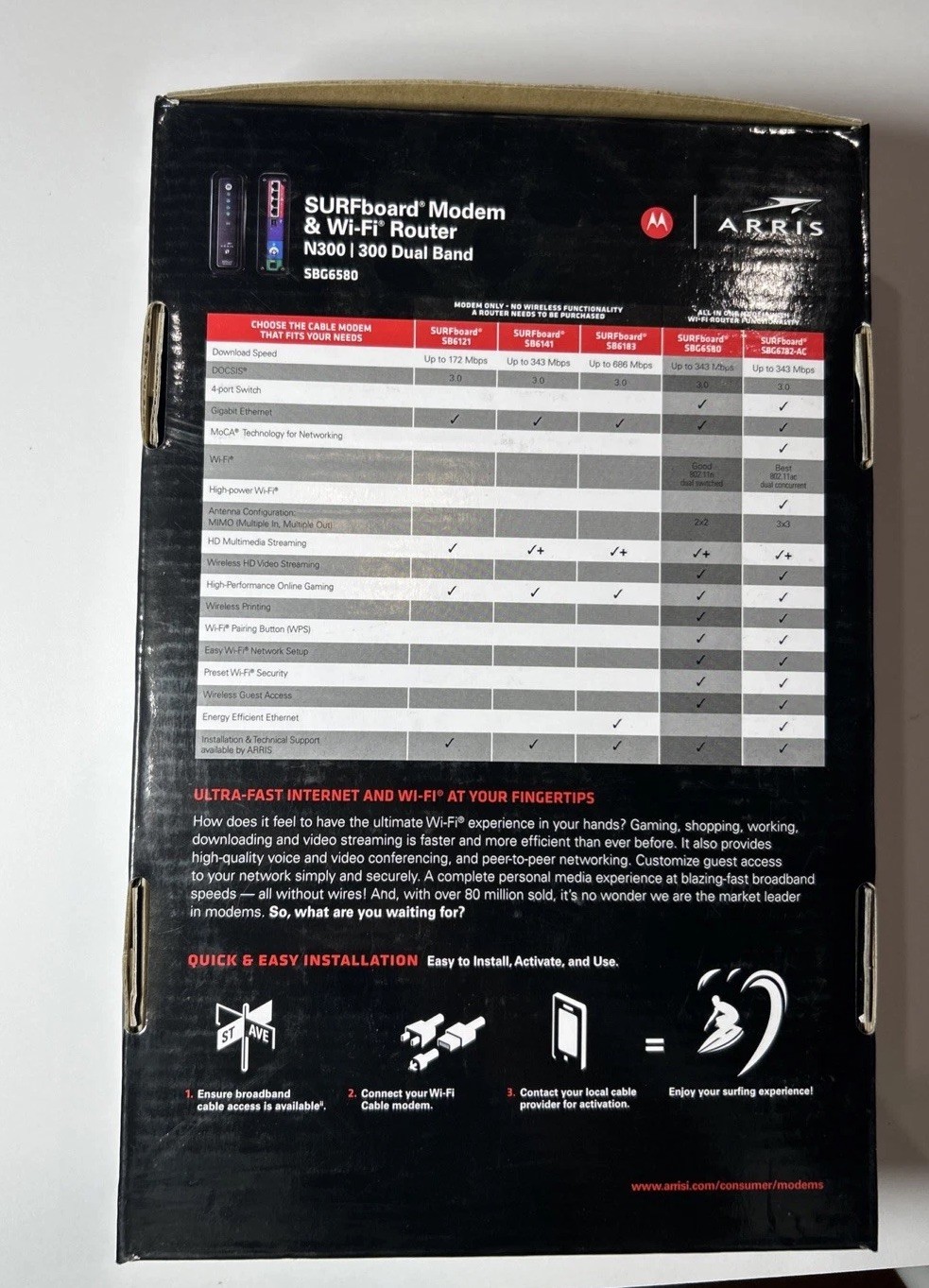 NEW Motorola ARRIS SURFboard SBG6580 DOCSIS 3 Cable Modem and Wi-Fi Router N300