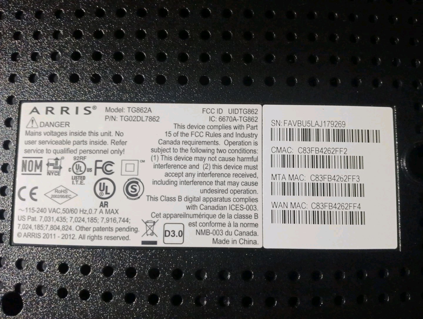 Arris TG862A Wireless Cable Gateway Router Modem