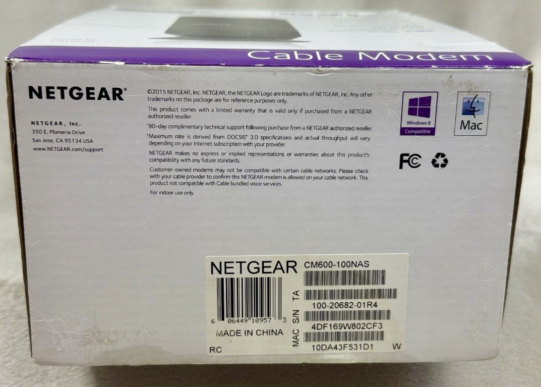 Netgear CM600 Cable Modem DOCSIS 3.0 24×8 Xfinity Cox Spectrum Tested Works