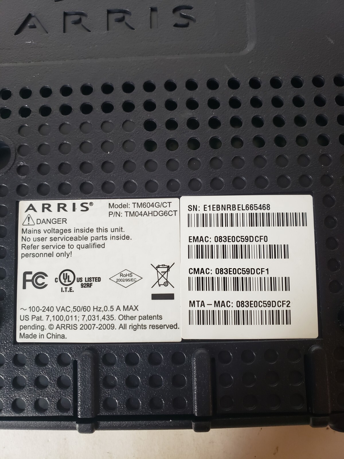 ARRIS TM604G CABLE TOUCHSTONE TELEPHONY MODEM – MODEL TM604G/CT, no power adapte