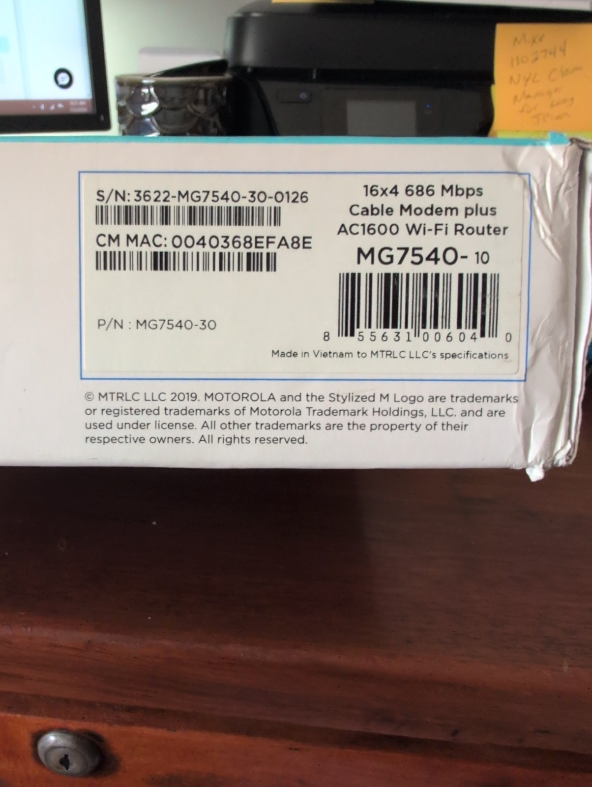 Motorola 16×4 Cable Modem Plus AC1600 WiFi Router MG7540 NO POWER CORD