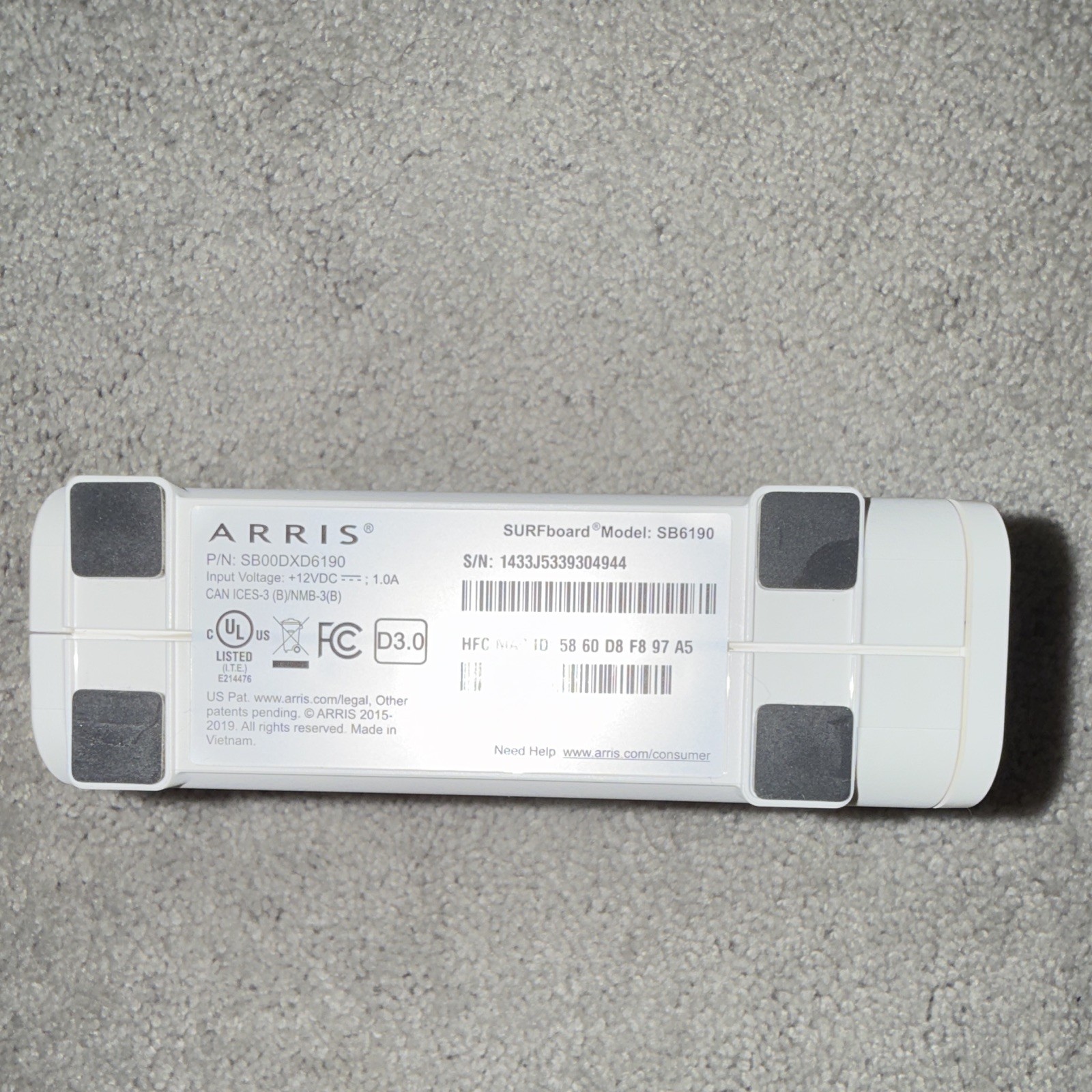 ARRIS SURFboard SB6190 DOCSIS 3.0 1.4 Gbps Cable Modem Intel Inside White