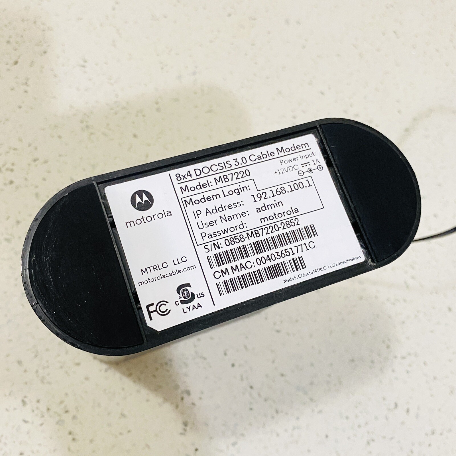 Motorola MB7220 Black DOCSIS 3.0 Cable Modem with Power Adapter Tested Works