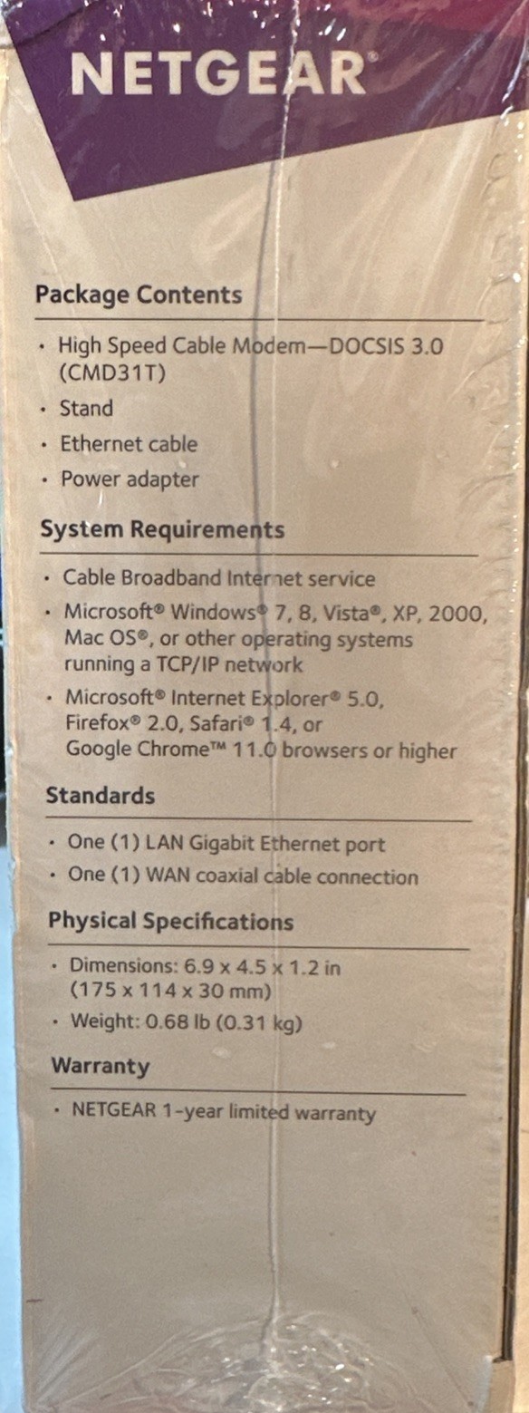 BRAND NEW Sealed NETGEAR DOCSIS 3.0 – High Speed Cable Modem CMD31T-100NAS