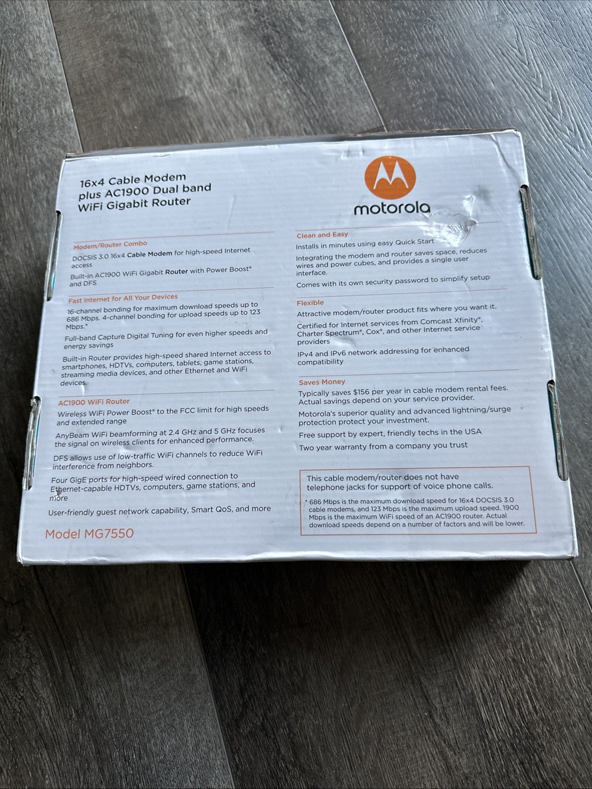 Motorola MG7550 16×4 DOCSIS 3.0 Cable Modem Plus AC1900 WiFi Router – New Sealed