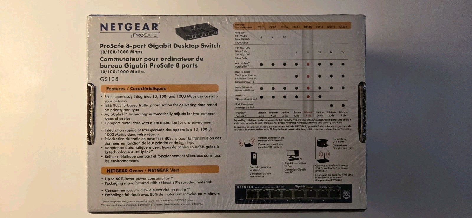 Netgear Prosafe 8 Port Gigabit Switch GS108 10/100/1000 Mbps New in Box