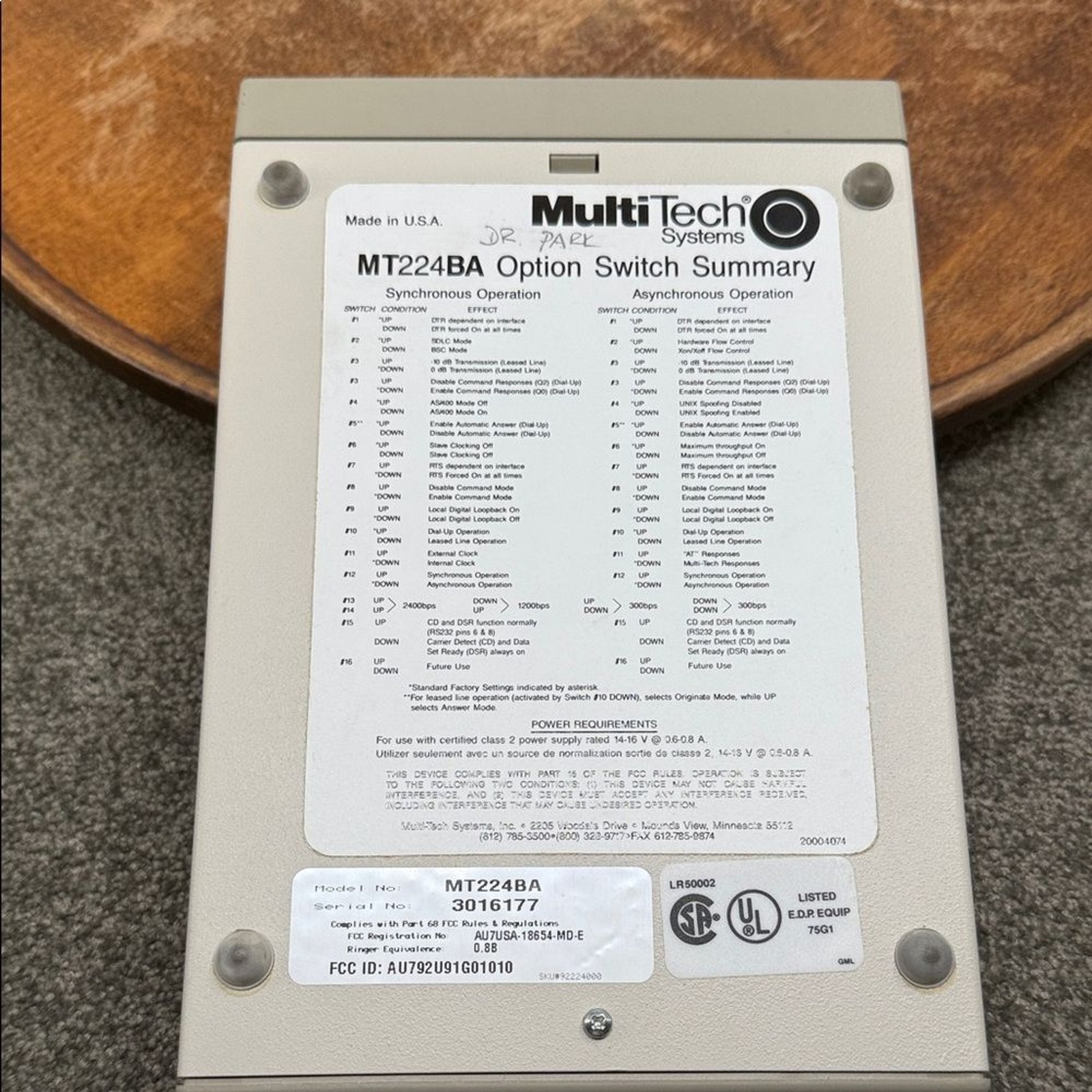 MultiTech Systems MultiModem MT224BA Modem Powers On Cords: Power & Connection