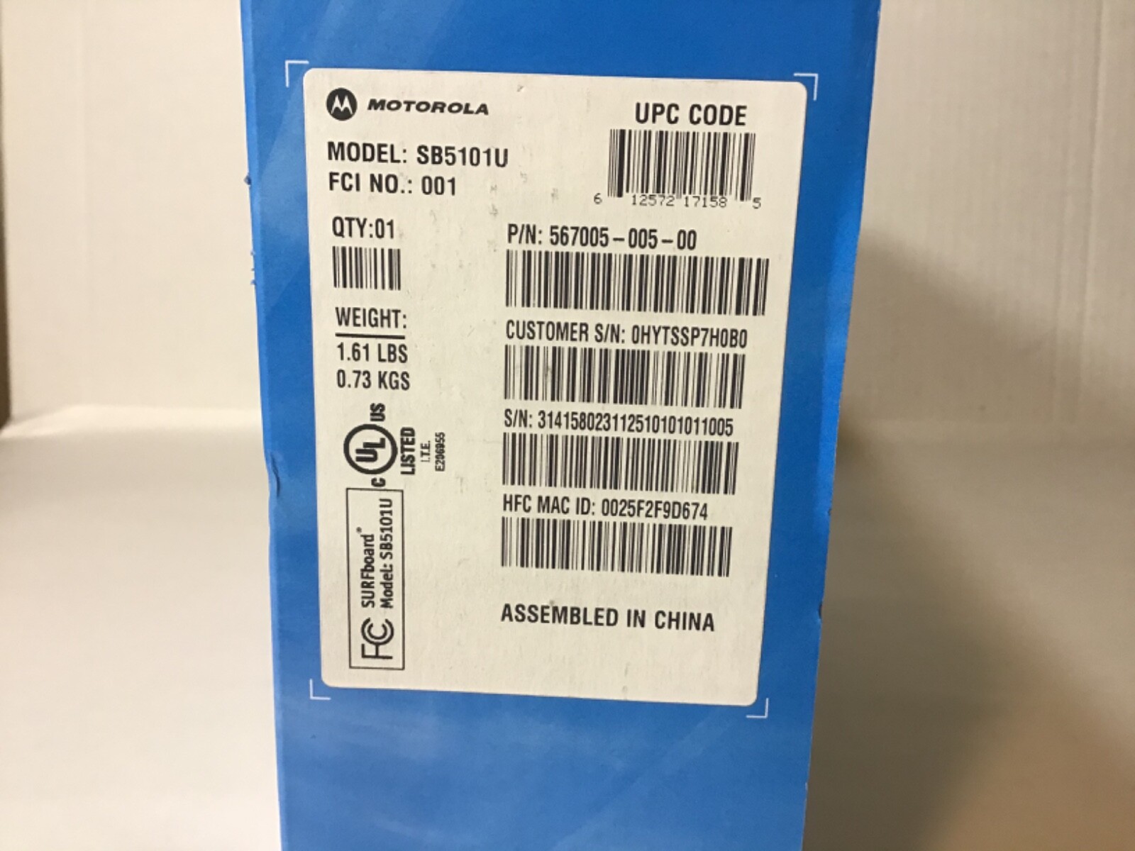 Motorola SURFboard Cable Modem SB5101U Broadband Connection