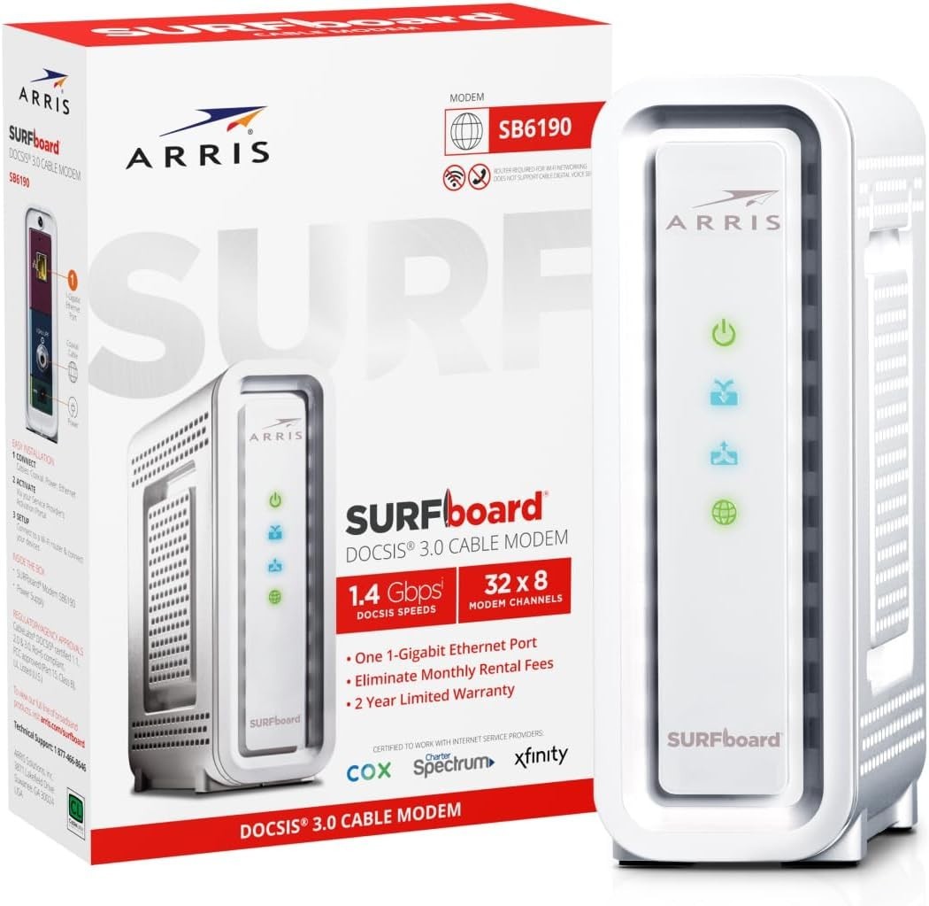 ARRIS SURFboard SB6190 32×8 DOCSIS 3.0 Cable Internet Modem Gaming Stream 800 Mb