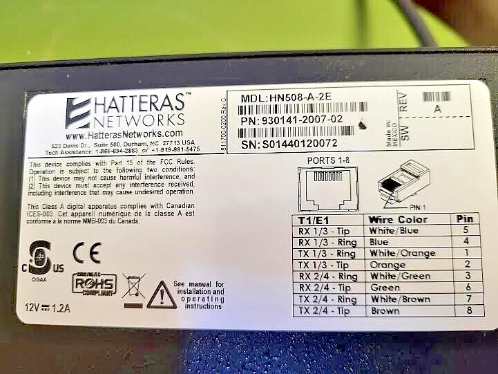 *NICE* HATTERAS Networks HN508-A (HN508-A-2E) 10/100 RJ-45, w/ power device