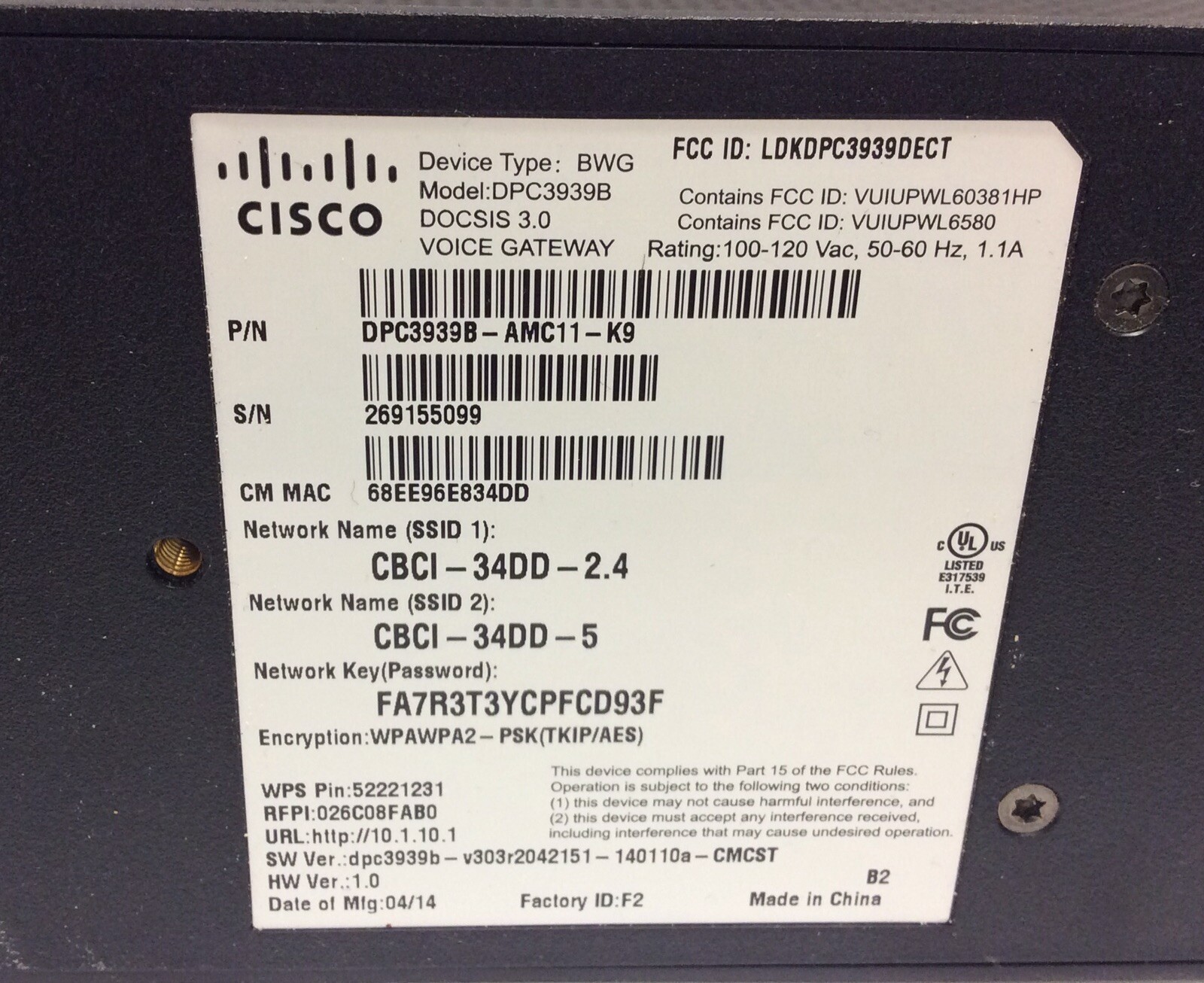 Cisco Dual Band WiFi High Speed Internet Cable Modem DPC3939B