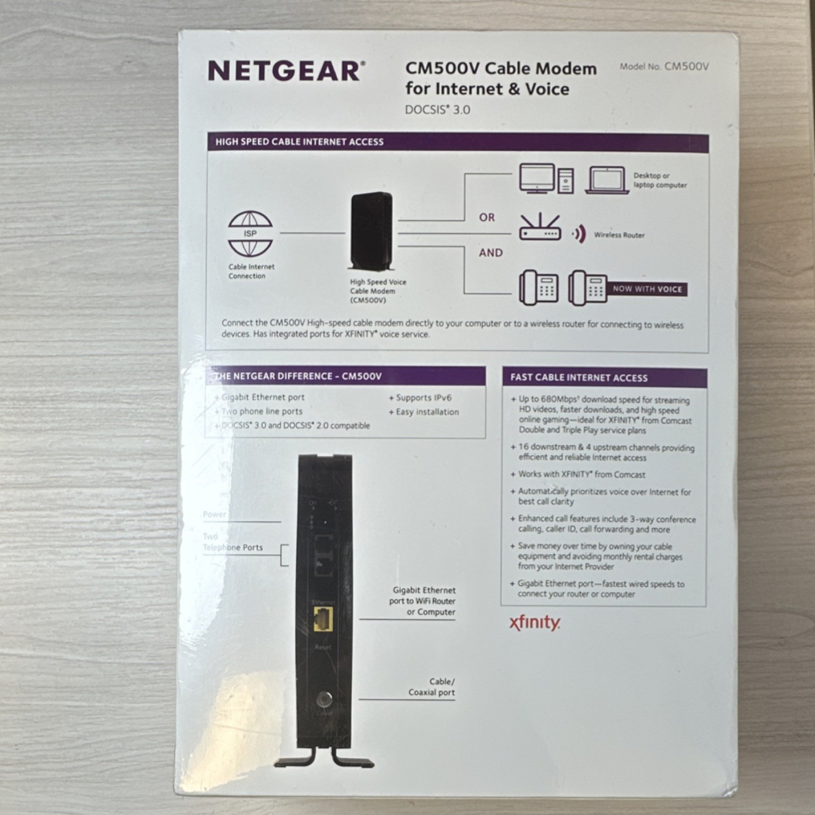 NETGEAR CM500V DOCSIS 3.0 Cable Modem Xfinity Internet Voice 2 Phone Ports