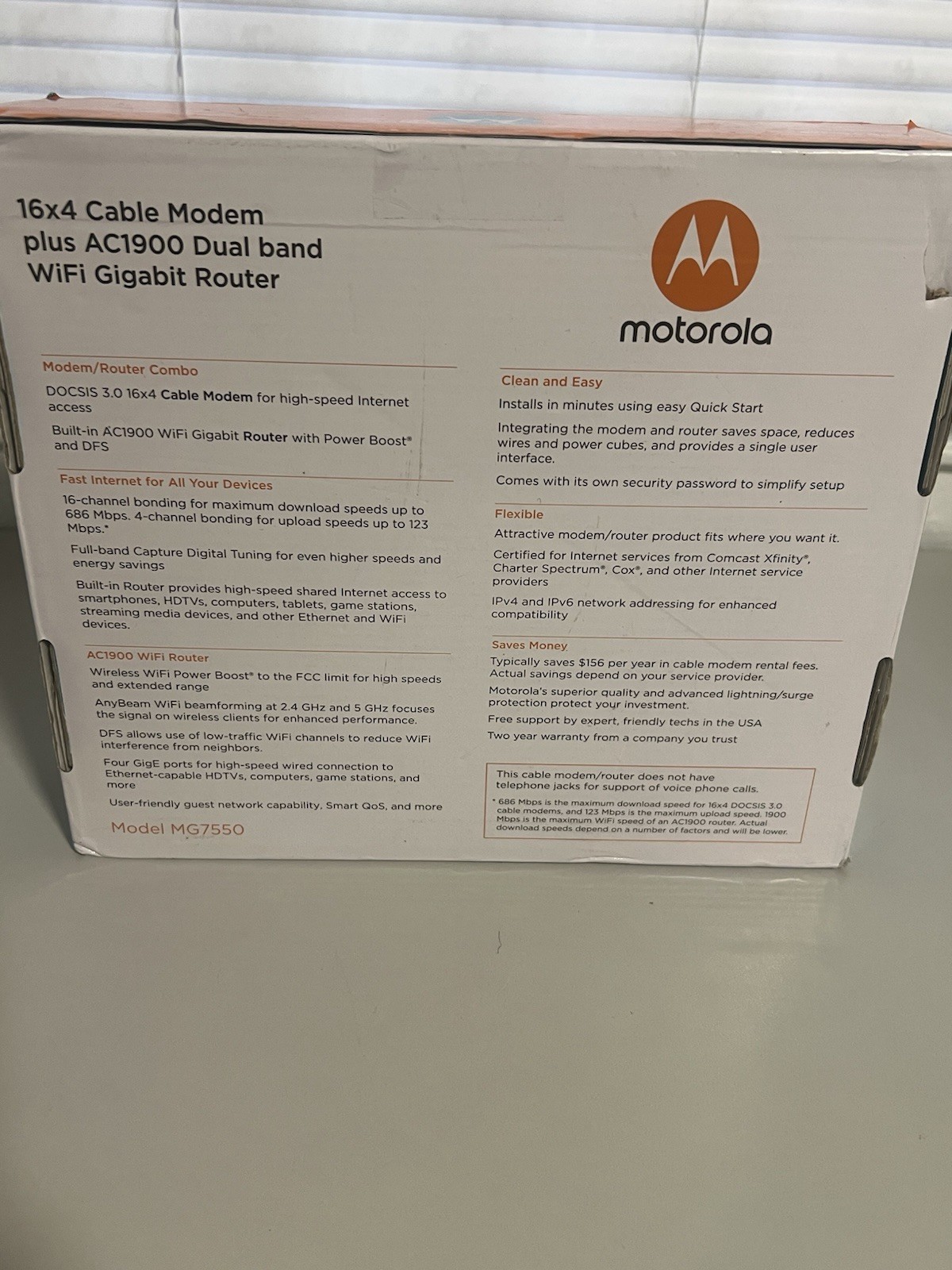 Motorola MG7550 (16×4) Cable Modem + AC1900 Wi-Fi Router Combo, DOCSIS 3.0