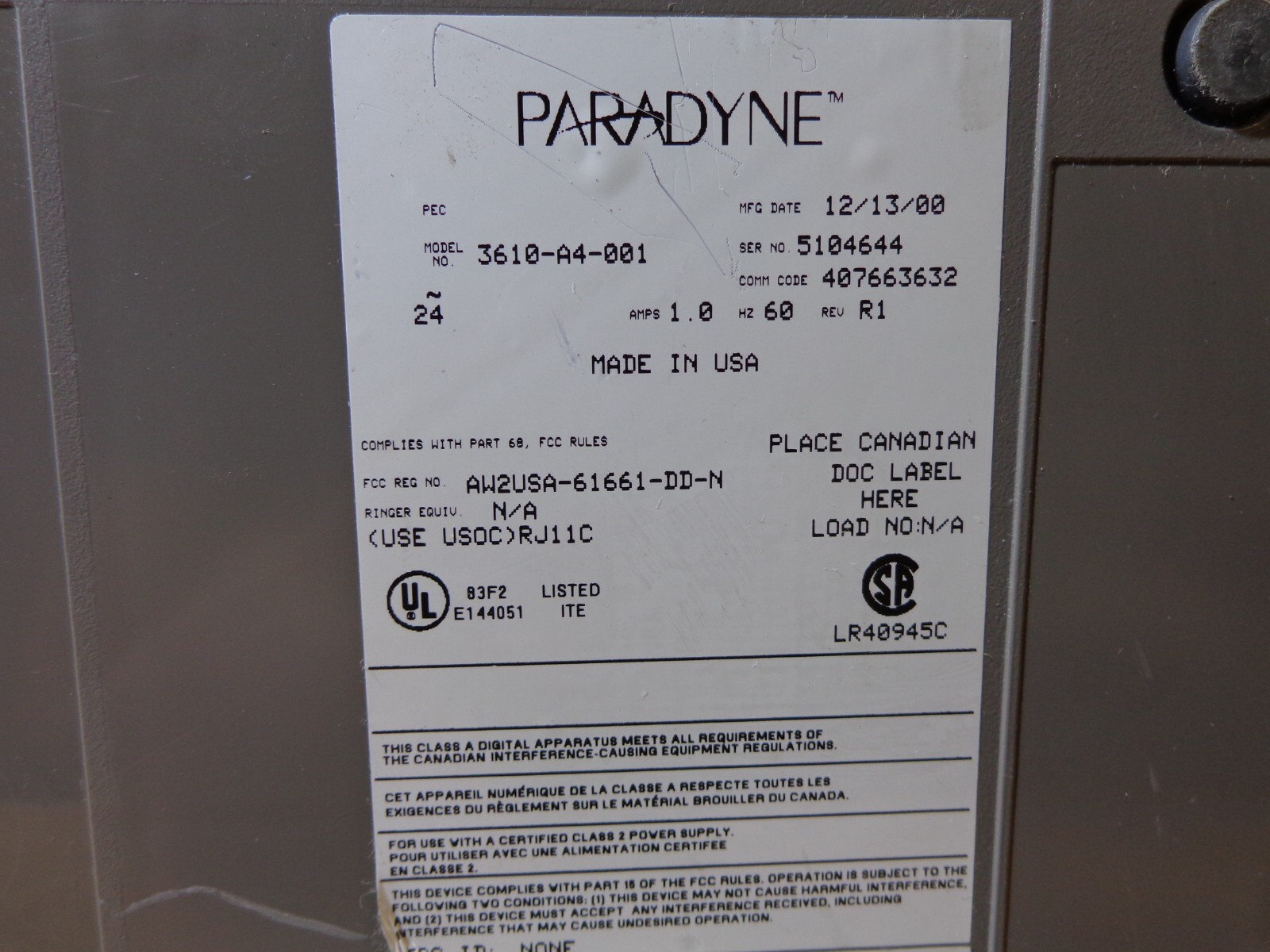AT&T PARADYNE COMSPHERE 3610-A4-001 EXTERNAL MODEM (No AC Adapter)