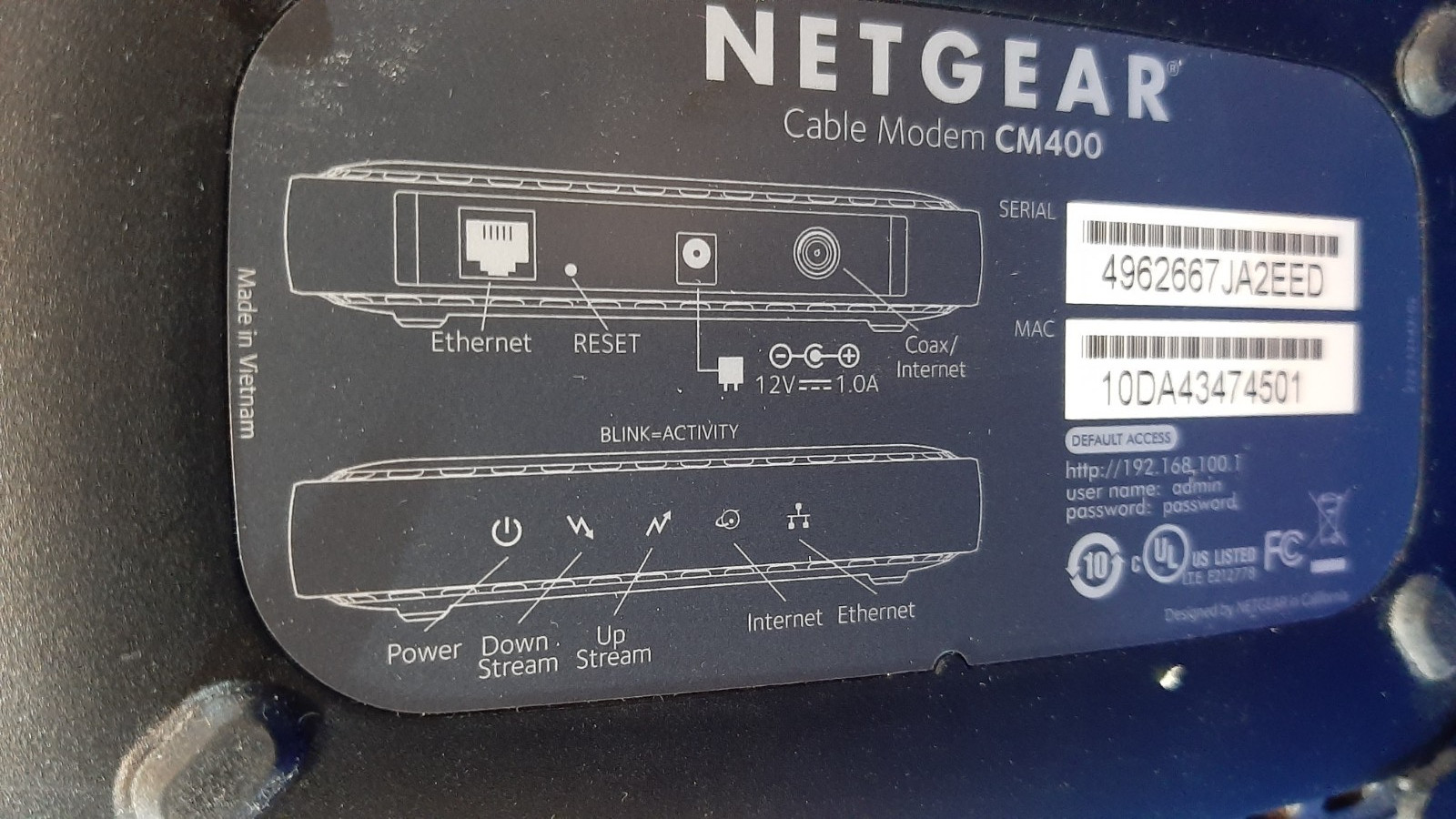 Netgear CM400 Docsis 3.0 High Speed Cable Modem with Power Adapter