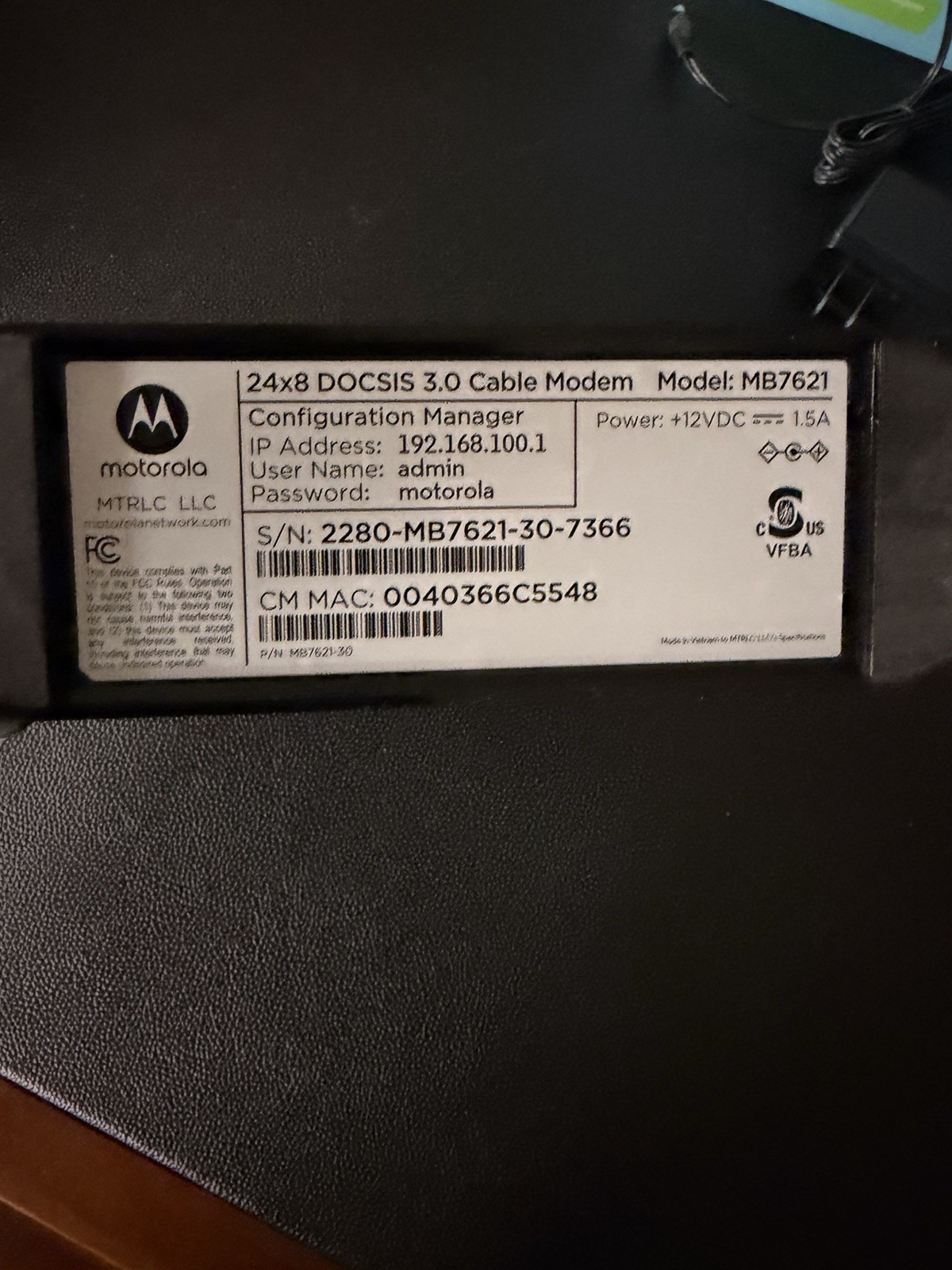 Motorola MB7621 Cable Modem 24×8 DOCSIS 3.0 Xfinity Cox Spectrum 900 Mbps