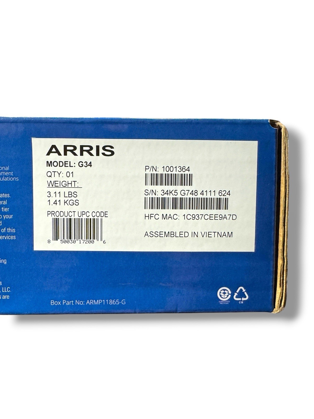 ARRIS SURFboard G34 DOCSIS 3.1 WiFi 6 AX3000 Cable Modem Router 4-Port Black