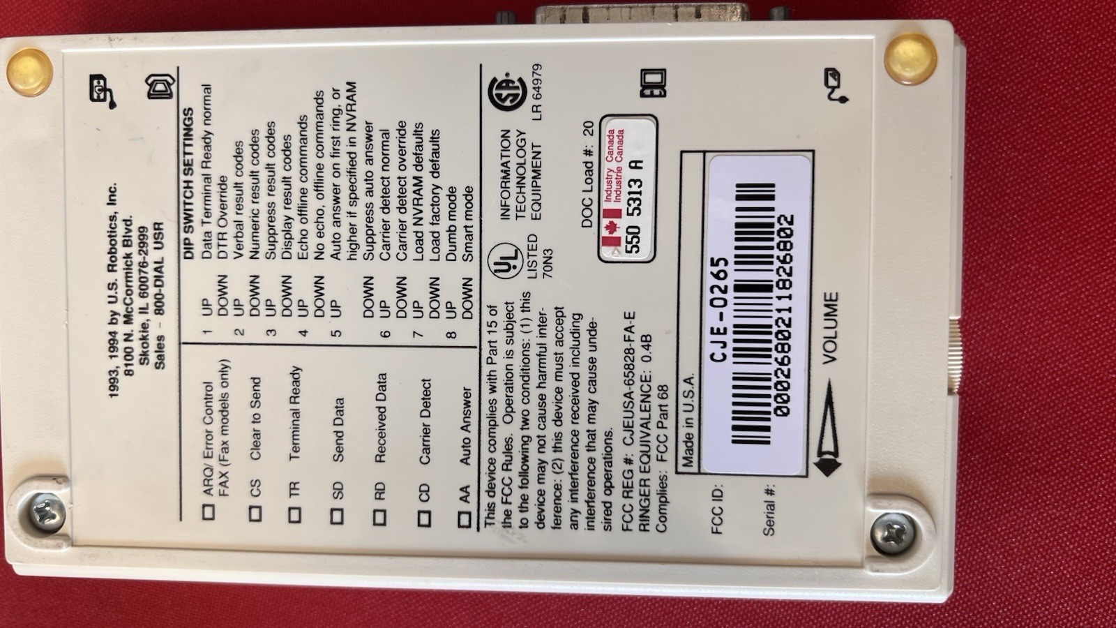 US Robotics Sportster 14,400 Fax Modem CCITT V.32 bis with V.42 bis Untested