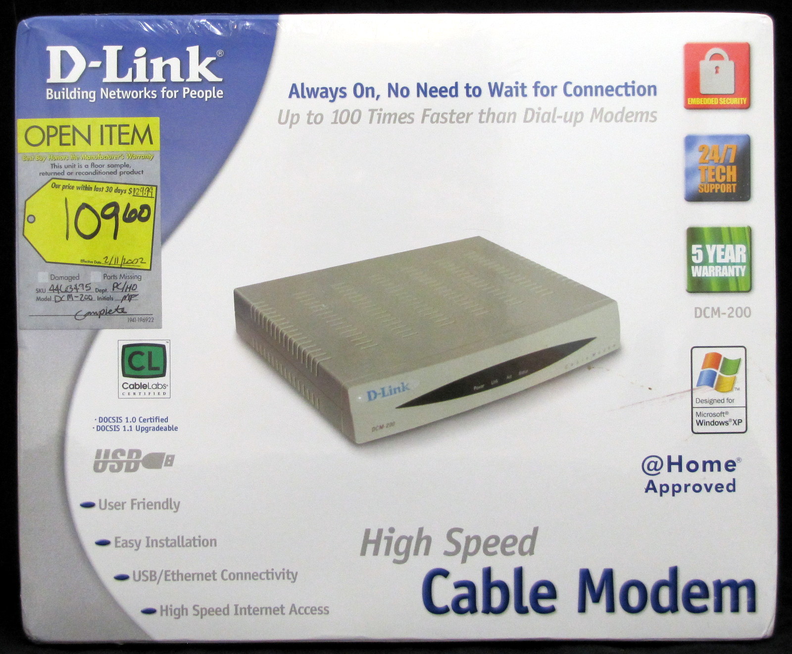 D-Link High Speed Cable Modem DCM-200 DLink D Link Ethernet and USB Connectivity